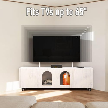 Pmnianhua Mobile Corner TV Stand on Wheels for 60" TVs,48" Portable TV Media Console with TV Mount Stand Shelf and 4 Cabinets,Corner Entertainment Center with Storage Shelves for Living Room(white)
