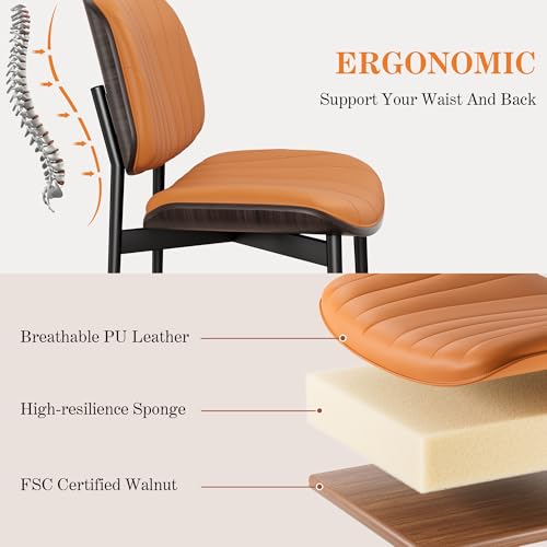 Dining Chairs Set of 2, Mid-Century Modern Upholstered PU Leather Chairs | with Walnut Back and Metal Legs Adjustable Feet for Kitchen Dining Room, Orange Shell Strips - color: Orange Shell Strips