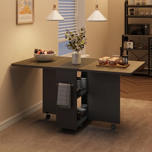 Folding Dining Table with 2-Layer Storage Rack, Drop Leaf Tables, Grey | Small Spaces, Foldable Dining Table with 3 Wheels, Kitchen Table, Dining Room - color: Grey, size: 47.2"D x 23.6"W x 29.5"H