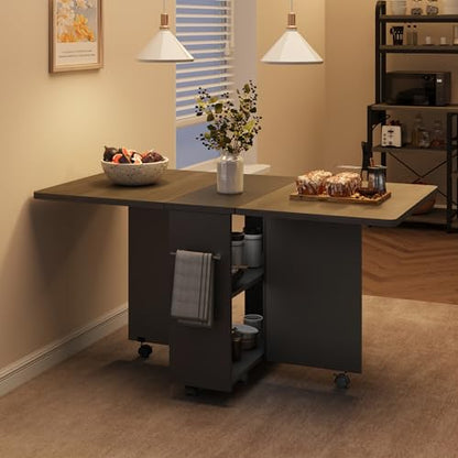 Folding Dining Table with 2-Layer Storage Rack, Drop Leaf Tables, Grey | Small Spaces, Foldable Dining Table with 3 Wheels, Kitchen Table, Dining Room - color: Grey, size: 47.2"D x 23.6"W x 29.5"H