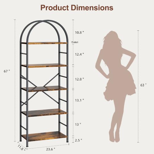 Arched Bookshelf 5 Tier Tall Bookcase, Industrial Metal Frame Book Shelf with X Reinforced Structure, Adjustable Feet Storage Display Shelf for Living Room Bedroom Office Rustic Brown
