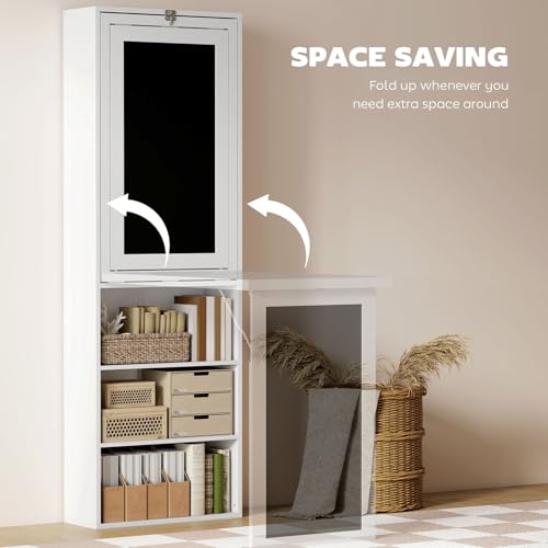 Foldable Wall Mounted Desk with Storage Shelves & Blackboard, Fold-Out Convertible Writing Table for Small Spaces | Space-Saving Floating Computer Desk for Home Office (White) - color: White