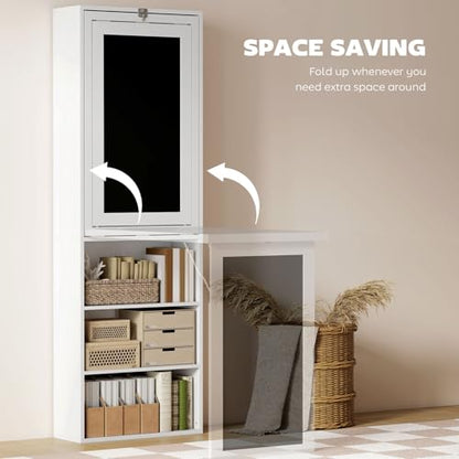 Foldable Wall Mounted Desk with Storage Shelves & Blackboard, Fold-Out Convertible Writing Table for Small Spaces | Space-Saving Floating Computer Desk for Home Office (White) - color: White
