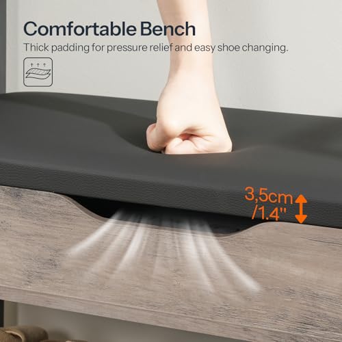 HOOBRO Hall Tree with Bench, Shoe and Coat Rack for Entryway, Coat Rack with Bench, Flip Top Storage Box, PU Cushioned Seat, Non-Woven Fabric Drawer, for Entrance, Greige and Black BG110MT01 - color: Greige + Black
