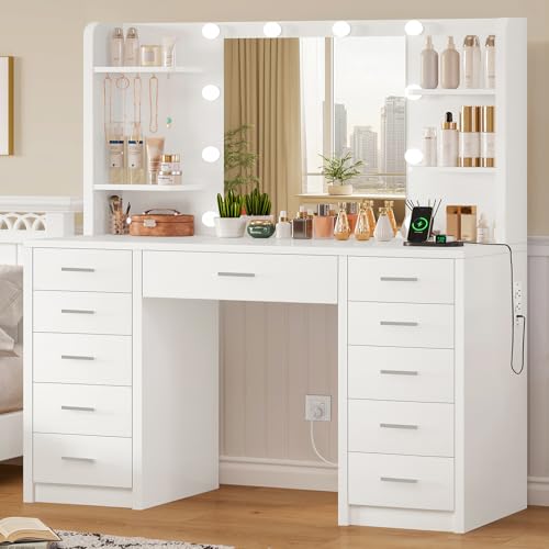 Quimoo Large Vanity Desk with Mirror and Lights, Makeup Vanity with 11 Drawers & 6 Open Shelves, 3 Color Modes & Adjustable Brightness, White Vanity for Girls - color: White 11 Drawers Vanity
