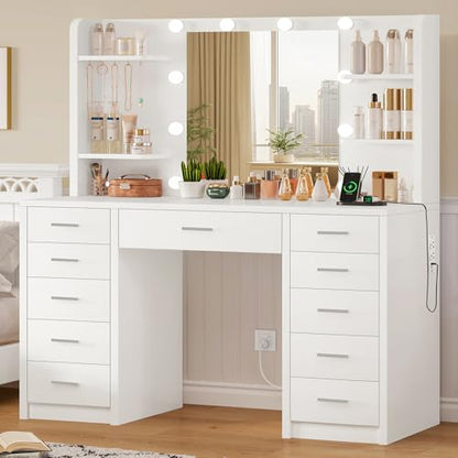 Quimoo Large Vanity Desk with Mirror and Lights, Makeup Vanity with 11 Drawers & 6 Open Shelves, 3 Color Modes & Adjustable Brightness, White Vanity for Girls - color: White 11 Drawers Vanity