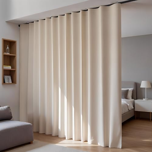 Room Divider Blackout Curtains Flexible Sliding Tracks Sets Ceiling Mounted Rod Window Curtain Privacy Separation for Bedroom Living Rooms,1 Panel Beige Drape and Black Track Set-W144xH84 in - color: Beige, size: 144"W x 84"L (Pack of 1)