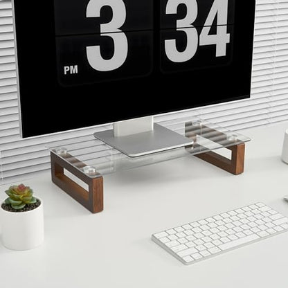 YEOUX Multi-Purpose Desktop Stand, Clear Floating Computer Monitor Riser with Natural Wood Base, Desk Organization Shelf for Printer, Laptop, Audio Device, Flat Screen - color: Walnut&Clear