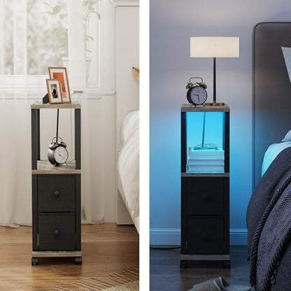 TUTOTAK Small Narrow End Tables, LED Side Tables with 2 Fabric Drawers, Set of 2, Bedside Tables with Charging Station for Small Spaces, Slim Nightstands with USB Ports and Wheels, TB01BG053L - color: Greige, style: with LED Light & Outlets