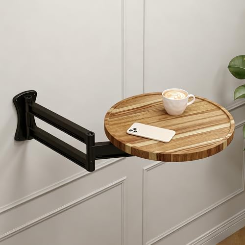 Wall Mounted Folding Table,11" Acacia Bedside Shelf Wall Mount Floating Wall Desk with 36 LBS Capacity for Small Spaces,Round Wood Tabletop with 720° Rotatable Aluminum Alloy Brackets