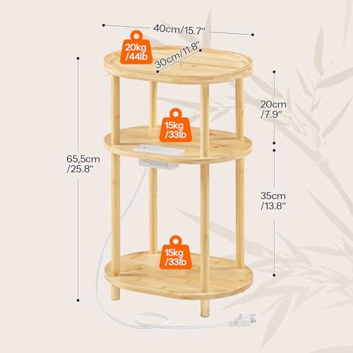 HOOBRO Small Side Table with Charging Station, Small End Table, 3-Tier Oval Bamboo Accent Table, Compact Sofa Bedside Table, for Living Room, Bedroom, Apartment, Natural YL177UBZ01 - color: Natural
