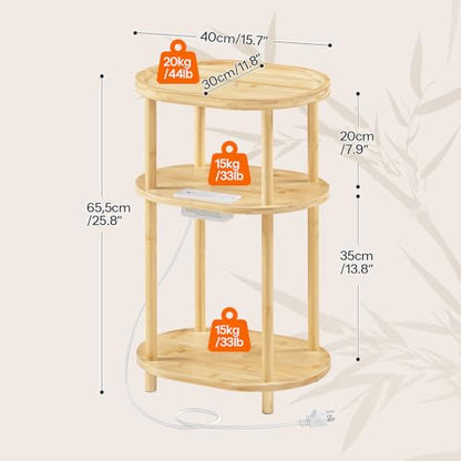 HOOBRO Small Side Table with Charging Station, Small End Table, 3-Tier Oval Bamboo Accent Table, Compact Sofa Bedside Table, for Living Room, Bedroom, Apartment, Natural YL177UBZ01 - color: Natural