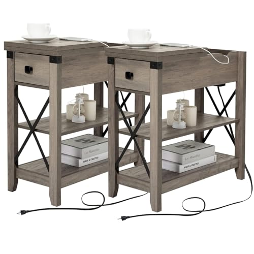 Awescuti Narrow End Table with Charging Station - Farmhouse Slim Side Table Set of 2, w/USB Ports Power Outlets, Nightstand w/Flip Top Storage Drawer, for Small Spaces Living Room Bedroom, Gray - color: Grey, size: Set