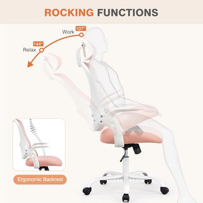 Sweetcrispy Computer Desk Chair, Mesh Office Chair with Lumbar Support | Ergonomic High-Back, Rolling Work, Adjustable Headrests, Flip-up Arms, Home Bedroom Study, Pink - color: Pink, style: Flip-up Armrest