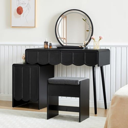 Vanity Desk with Mirror and Lights, Modern Wood Wave Panel Vanity Desk Set Makeup Table with Drawers and Cabinet, Dressing Table with Storage for Bedroom, Black - style: Black