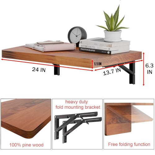 IAE Wall Mounted Folding Table with Pine Wood,24" x 14"Floating Wall Desk | Laundry Folding Table with Shelf Brackets,Fold Down Desk Shelf,Fold Workbench for Apartments,Home,Laundry Room,Kitchen,Teak - color: Teak, size: 24*13.7*6.3 Inch