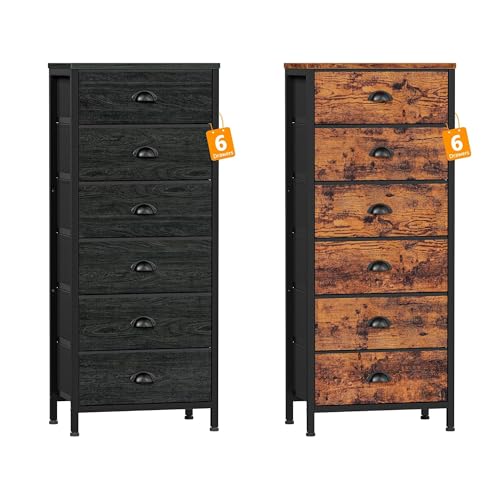 Black&Rustic Brown Tall Dresser with 6 Drawers, Nightstand for Bedroom,Industrial Dorm Bedside Furniture with Fabric Storage Drawer Organizer in Living Room,Closet,Entryway