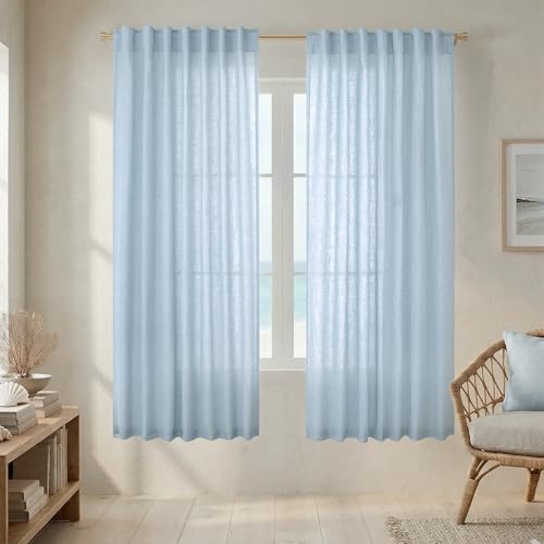 Mrs.Naturall Light Blue Curtains 63 Inch Length, Back Tab Summer Ocean Themed Airy Semi Sheer Linen Window Curtains for Living Room Bedroom Nursery 2 Panel Set, Baby Sky Blue - color: Light Blue, size: 52"W x 63"L (Pack of 2)