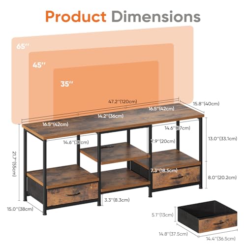 DUMOS 47" TV Stand with Fabric Drawers for 50 55 Inches TV | Entertainment Center and Industrial TV Console Table with Open Storage Shelves for Living Room, Bedroom, Rustic Brown - size: 15.8"D x 47.2"W x 21.7"H