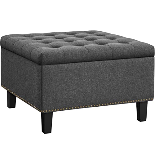 Yaheetech 28in Square Storage Ottoman Coffee Table with Nailhead, Dark Gray | Button-Tufted Linen-Look Fabric Bench, 3.2C Storage Space, Wood Legs, Metal Hinges, for Bedroom Foot of Bed Living Room - size: 28"D x 28"W x 18"H