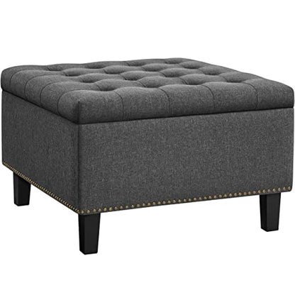 Yaheetech 28in Square Storage Ottoman Coffee Table with Nailhead, Dark Gray | Button-Tufted Linen-Look Fabric Bench, 3.2C Storage Space, Wood Legs, Metal Hinges, for Bedroom Foot of Bed Living Room - size: 28"D x 28"W x 18"H