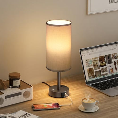 Grey Touch Bedside Lamp for Bedroom, Stepless Dimmable, USB A+C, AC Outlet | Base Touch Button Only, Memory Brightness, Ultra-dim Night Light, Included Bulb for Optimal Dimming, Grey Fabric Shade, Desk - color: Grey & Grey