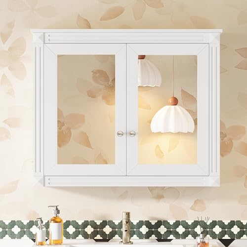 Merax Bathroom Medicine Cabinet with Mirror Door & Adjustable Shelves | 36" x 28" Wall Mounted Bathroom Storage Cabinet with Mirror, Over the Toilet - color: White, size: 36"