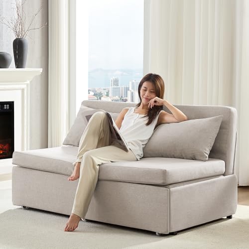 BALUS 64" W Queen Size Pull Out Sleeper Sofa Bed Couch with Pullout Bed | 2 in 1 Convertible Linen Loveseat Sofa Sleepers with Pillows and Tri-fold Mattress for Small Space Loft Home Office, Beige - color: Beige, size: Queen