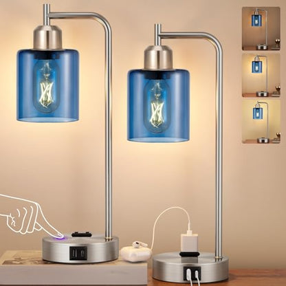 Innqoo Industrial Blue Table Lamps for Bedrooms Set of 2-3-Way Dimmable Desk Lamp with USB C+A Ports and Outlet, Nickel Lamps with Green Glass Shade for Living Room - color: Blue Shade& Nickel Base