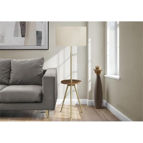 Pemberly Row 66" Tripod Floor Lamp with Shelf, Gold Metal and Ivory Drum Shade, Adjustable Neck, Walnut Laminate Shelf Table, 3-Way Switch, Modern Design for Living Room, Bedroom, or Office
