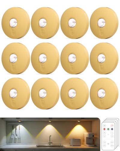 Rechargeable Puck Lights with Remote Control, 1500mAh Battery Operated Tap Lights, Dimmer & Timer Under Cabinet, Wireless LED Stick-On for Closet, Bedroom, Kitchen - Gold 12Pcs - color: Gold