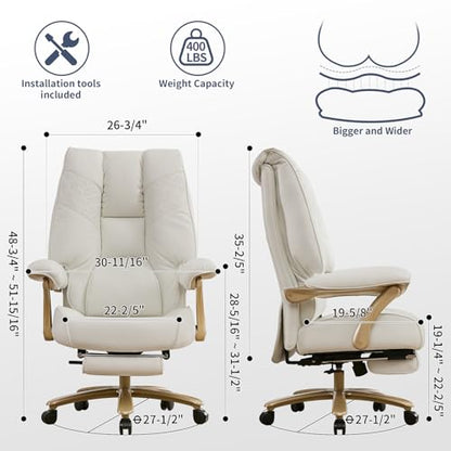 EXCEBET Big and Tall Executive Office Chair with Footrest, 400LBS Capacity Ergonomic High-Back Desk Office Chair with Lumbar Support, Padded Armrests & Thick Cushion, White PU Leather Chairs - color: White
