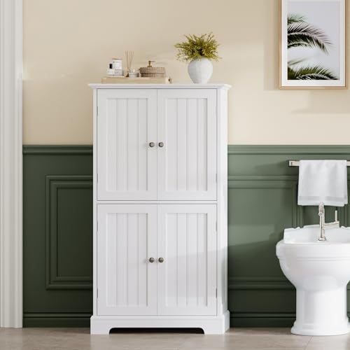 ChooChoo Bathroom Floor Cabinet with Adjustable Shelves | Bathroom Storage Cabinet, 4 Doors, Freestanding Cupboard for Living Room, Kitchen Pantry, White - color: White, size: 14.17"D x 25.59"W x 43.31"H