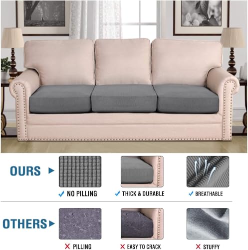 H.VERSAILTEX Super Stretch Individual Seat Cushion Covers Sofa Covers Couch Cushion Cover Slipcover Sets Thick Jacquard Textured Twill Fabric (3 Piece Sofa Cushion Covers, Grey) (Pack of 2) - color: Grey, size: 3 Cushion Sofa (Pack of 2)