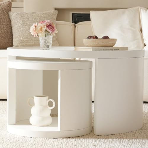 Round Nesting Coffee Table Set of 2, 31.5 and 18 in, White | White nesting coffee table, round tables for living room, space-saving center table - color: White