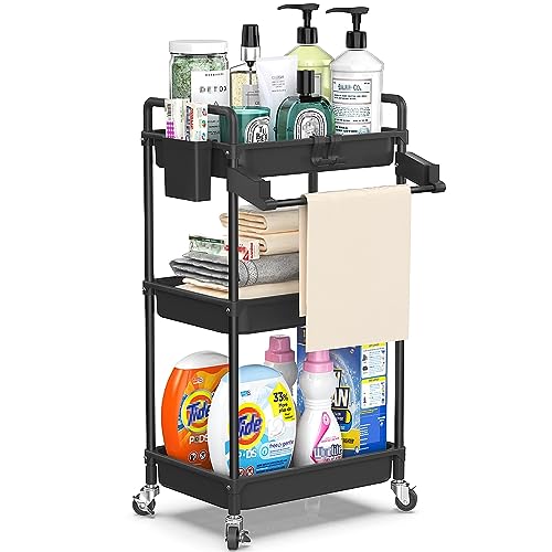 SPACEKEEPER Rolling Storage Cart, 3 Tier Utility Cart for Bathroom, Black | Rolling Cart with Lockable Wheels, Towel Rack, Hooks & Cup for Laundry Room,Kitchen,Office, Snack,Craft,Art,Makeup,Nail,Toys - color: Black, size: 3-Tier
