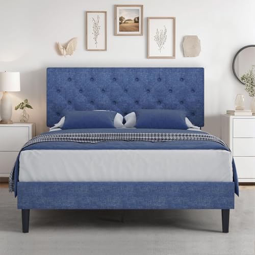 HOMBCK Full Bed Frame with Headboard, Linen Fabric Upholstered Bed Frame Full, Blue Bed Frame with Wood Slats, Button Tufted, No Box Spring Needed, Blue - color: Blue, size: Full