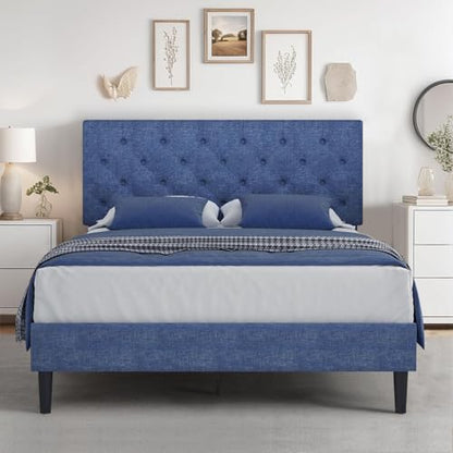 HOMBCK Full Bed Frame with Headboard, Linen Fabric Upholstered Bed Frame Full, Blue Bed Frame with Wood Slats, Button Tufted, No Box Spring Needed, Blue - color: Blue, size: Full
