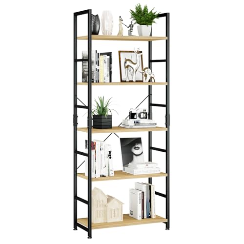 NUMENN 5 Tier Bookshelf, Tall Freestanding Open Storage Bookcase, Natural | Storage Organizer with Metal Frame & Wood Shelves, Support Bars & Adjustable Feet for Bedroom, Living Room & Home Office - color: Natural, size: 5 Tier