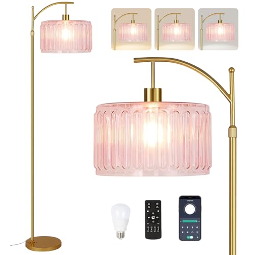 QIYIZM Pink Floor Lamp for Living Room,Bedroom,Gold Dimmable Standing Lamp with Remote,Mid Century Modern Brass Tall Lamp Boho Floor Lamps Arc Stained Glass Flower Floor Light Lamp Girls kids Bohemian - size: 33-Floor Lamp