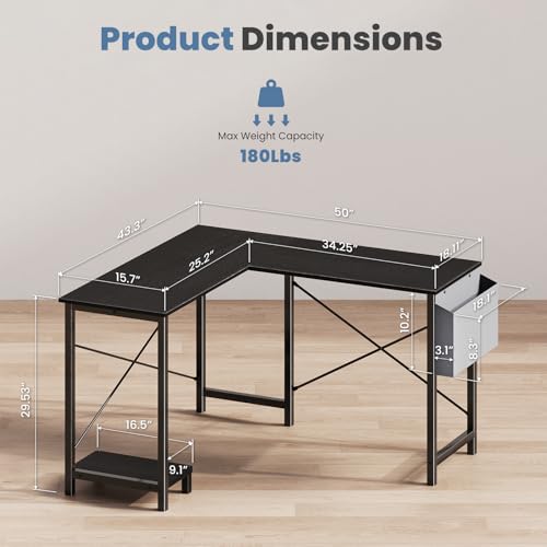 DUMOS L Shaped Desk, Gaming Desk, Corner Table, 50 Inch | Side Storage Bag, CPU Stand, Student Work PC Workstation, Home Office Bedroom for Small Spaces, Black
