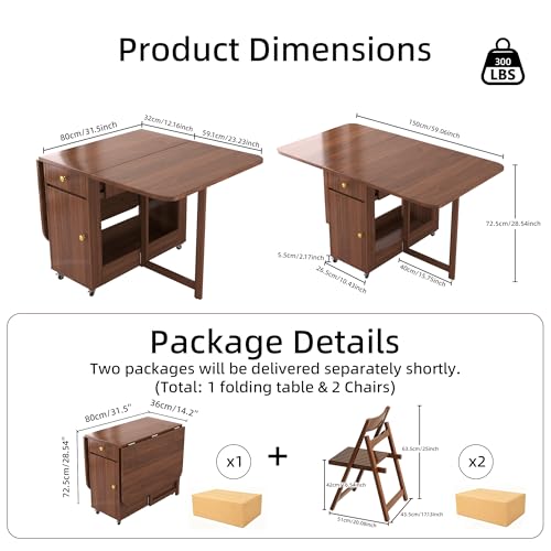 Folding Dining Table and Chairs - 59" Fully Assembled Drop Leaf Table 4-6 Seater with Storage and Lockable Wheels, Space-Saving Set with 2 Chairs for Kitchen or Dining Room (Walnut) - color: Walnut, size: 59.06″L Table & 2 Chairs