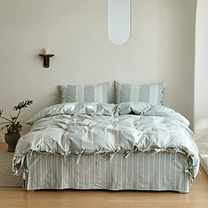 BISELINA Striped Duvet Cover Set 3pcs 100% Washed Cotton Linen Like Textured with Bowknot Bow Ties Strap Reversible Breathable Soft Comfy Chic Yarn Dyed Bedding (King, Grayish Green) - color: Grayish Green, size: King