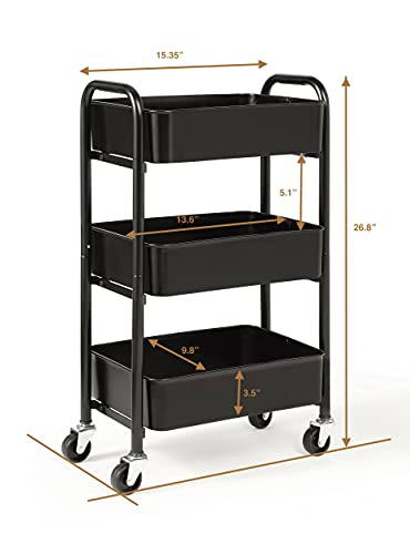 SunnyPoint 3-Tier Delicate Compact Rolling Metal Storage Organizer - Mobile Utility Cart Kitchen/Under Desk Cart with Caster Wheels - BLK (15.35" X 10.24" X 26.8"H) - color: Blk