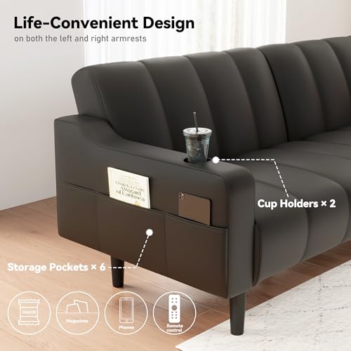 80'' Futon Sofa Bed,Faux Leather Futon Sleeper Sofa, Convertible Loveseat with Adjustable Sofa Backrest,Modern Couches for Living Room, Bedroom, Apartment, Office (Black) - color: Faux Leather Black