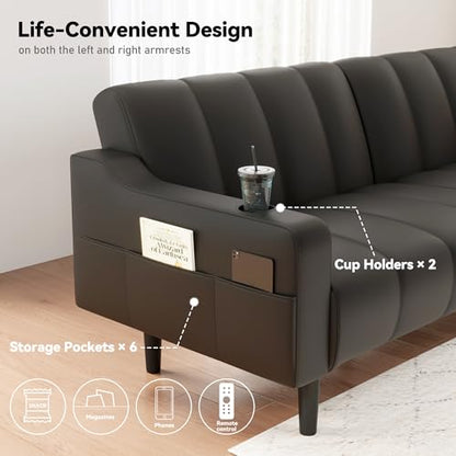 80'' Futon Sofa Bed,Faux Leather Futon Sleeper Sofa, Convertible Loveseat with Adjustable Sofa Backrest,Modern Couches for Living Room, Bedroom, Apartment, Office (Black) - color: Faux Leather Black