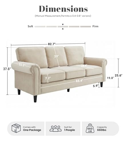 3 Seater Couch, Mid Century Modern Sofa with Rolled Arms and Deep Seats, Fluffy Comfort for Living Room, Apartment, Easy Assembly, Khaki - color: Khaki, size: Chenille Standard