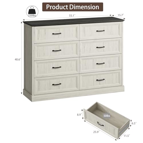 Farmhouse 8 Drawer Dresser for Bedroom, 55" White Dresser with TV Stand | Wide Dresser with Large Drawers & Bar Handles, Rustic Wood Chest of Drawers for Living Room, Hallway, Entryway. - color: White, size: 16"D x 55"W x 41"H (8 Drawers)