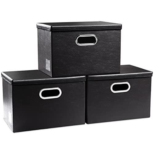 Collapsible Storage Bins with Lids [3-Pack] Leather Fabric Foldable Storage Boxes Organizer Containers Baskets Cube with Cover for Bedroom Closet Office Nursery Black (14.9x10.8x10) - color: Black, size: Medium(3-Pack)