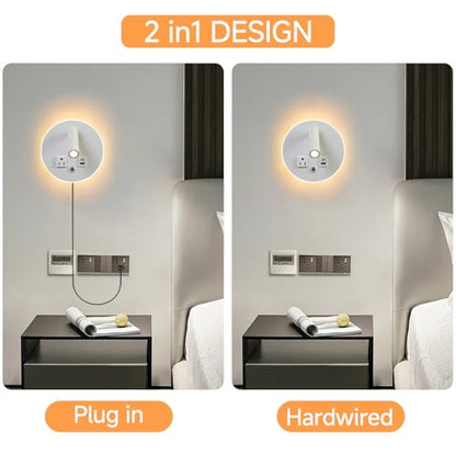 LED Round Wall Lamp Dimming Wall Mounted Reading Lights, Adjustable Headboard Plug in Wall Sconce with USB+USB C Ports, Headboard Bedside Lamp with 6W+3W Night Light 3000K (White) - color: White